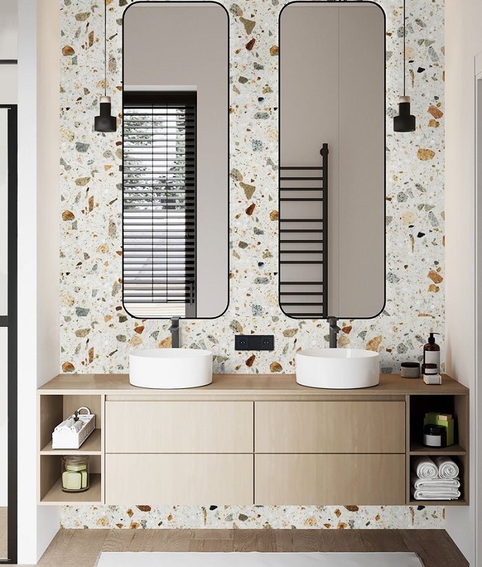 Beige terrazzo slabs bathroom